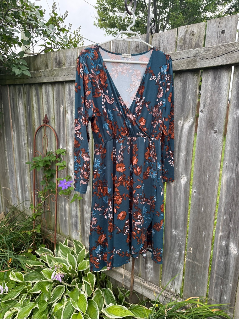 Kiyonna Teal Floral Wrap Dress with Rust and Blush Accents